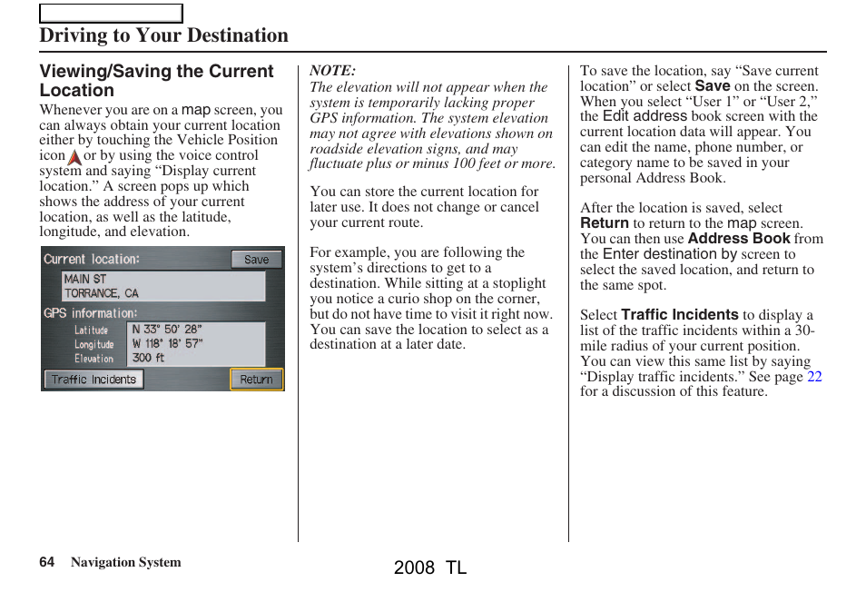 Driving to your destination, 2008 tl | Acura 2008 TL User Manual | Page 64 / 152