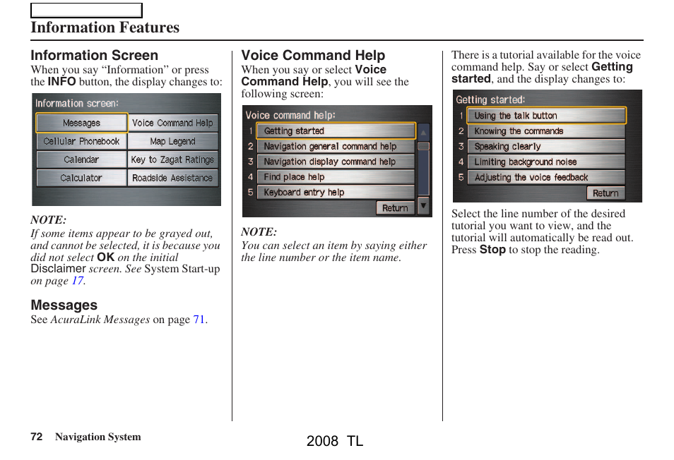 Information features | Acura 2008 TL User Manual | Page 72 / 152
