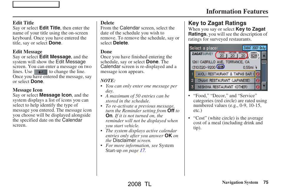 Information features, 2008 tl | Acura 2008 TL User Manual | Page 75 / 152