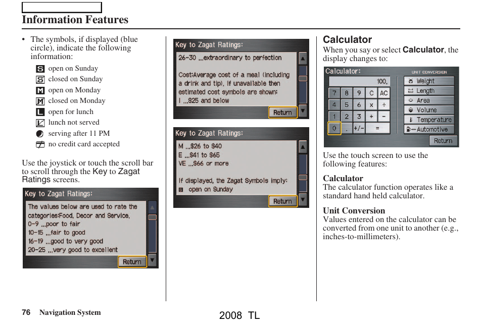 Information features, 2008 tl | Acura 2008 TL User Manual | Page 76 / 152