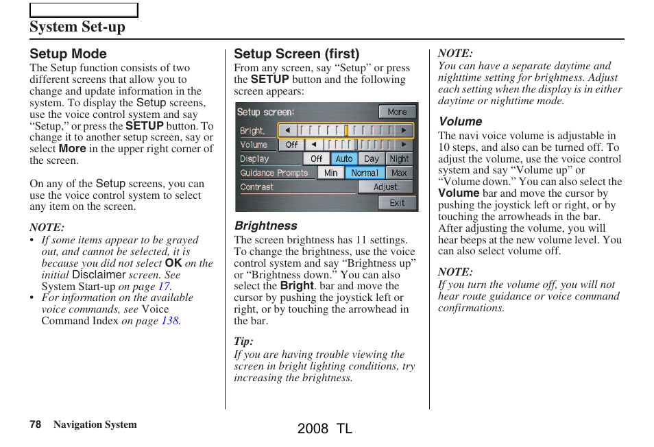 System set-up, 2008 tl | Acura 2008 TL User Manual | Page 78 / 152