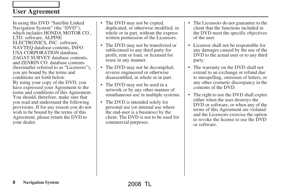 User agreement, 2008 tl | Acura 2008 TL User Manual | Page 8 / 152