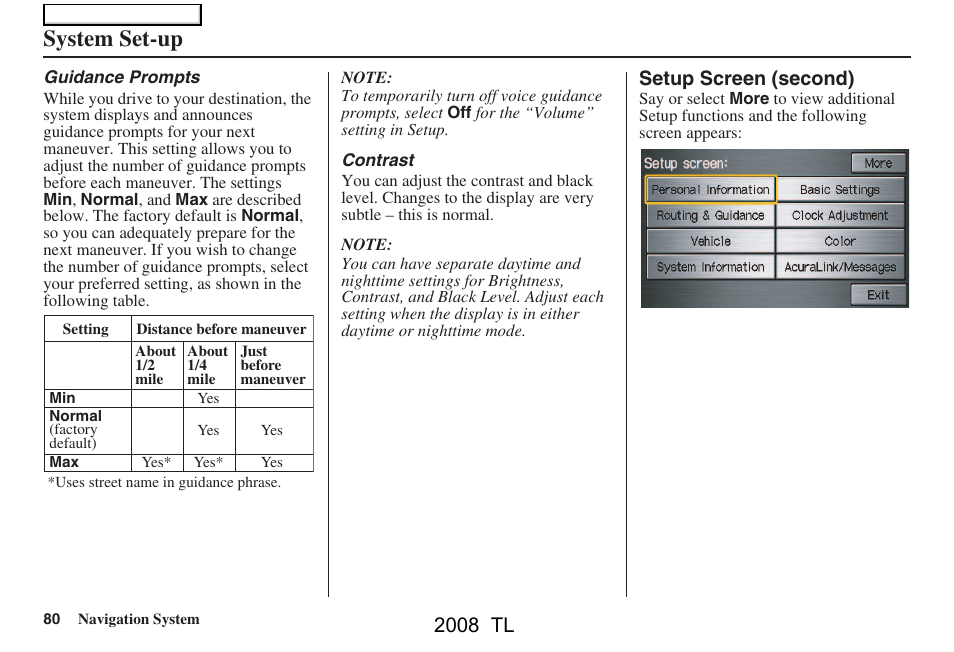 System set-up, 2008 tl | Acura 2008 TL User Manual | Page 80 / 152