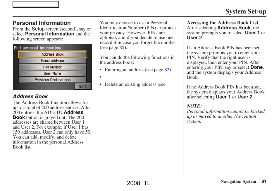 System set-up, 2008 tl | Acura 2008 TL User Manual | Page 81 / 152