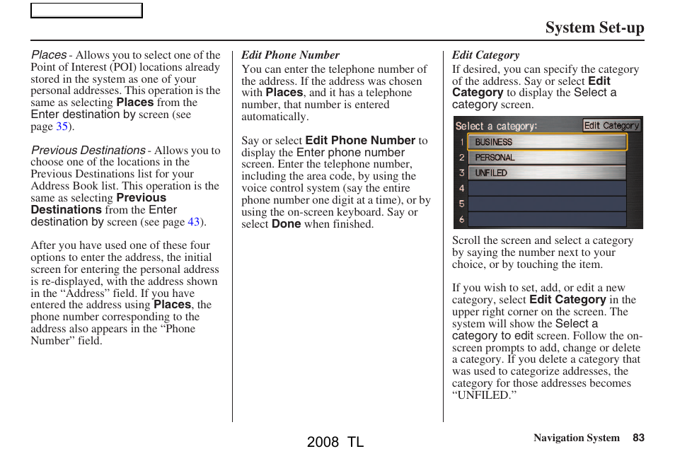 System set-up, 2008 tl | Acura 2008 TL User Manual | Page 83 / 152