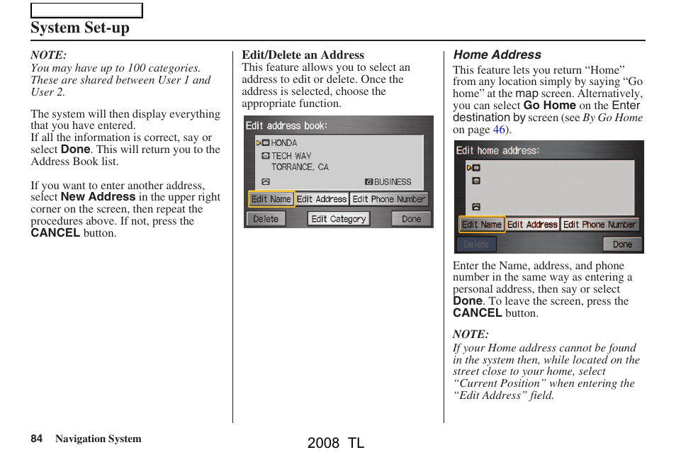 System set-up, 2008 tl | Acura 2008 TL User Manual | Page 84 / 152