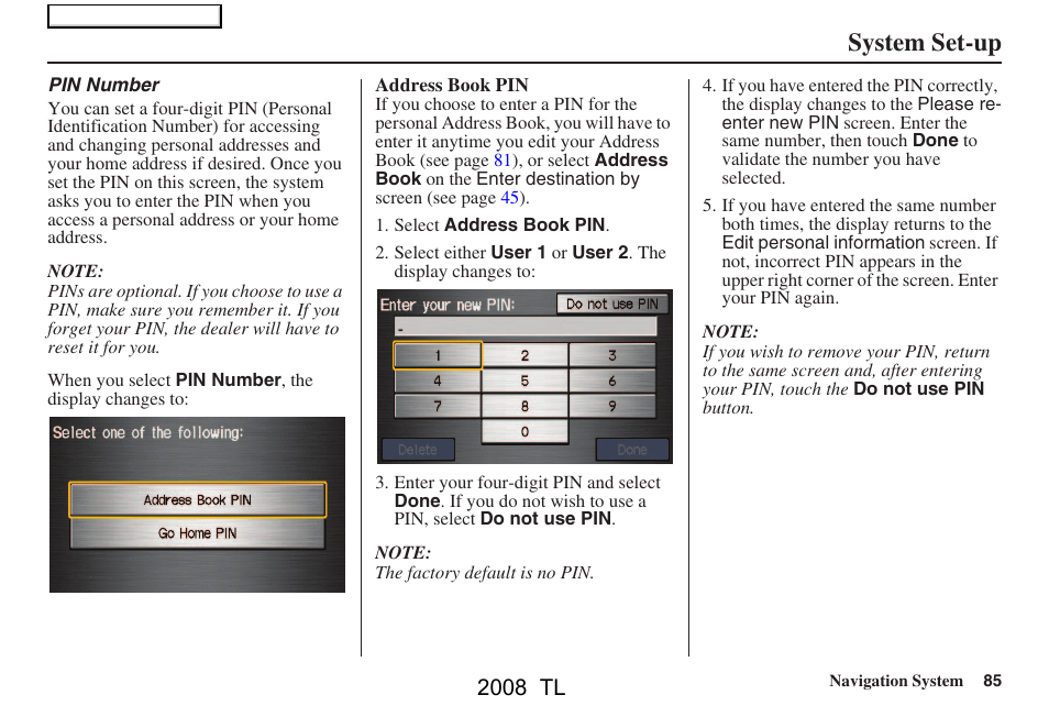 System set-up, 2008 tl | Acura 2008 TL User Manual | Page 85 / 152