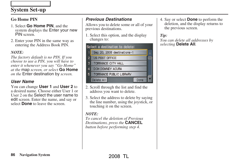 System set-up, 2008 tl | Acura 2008 TL User Manual | Page 86 / 152