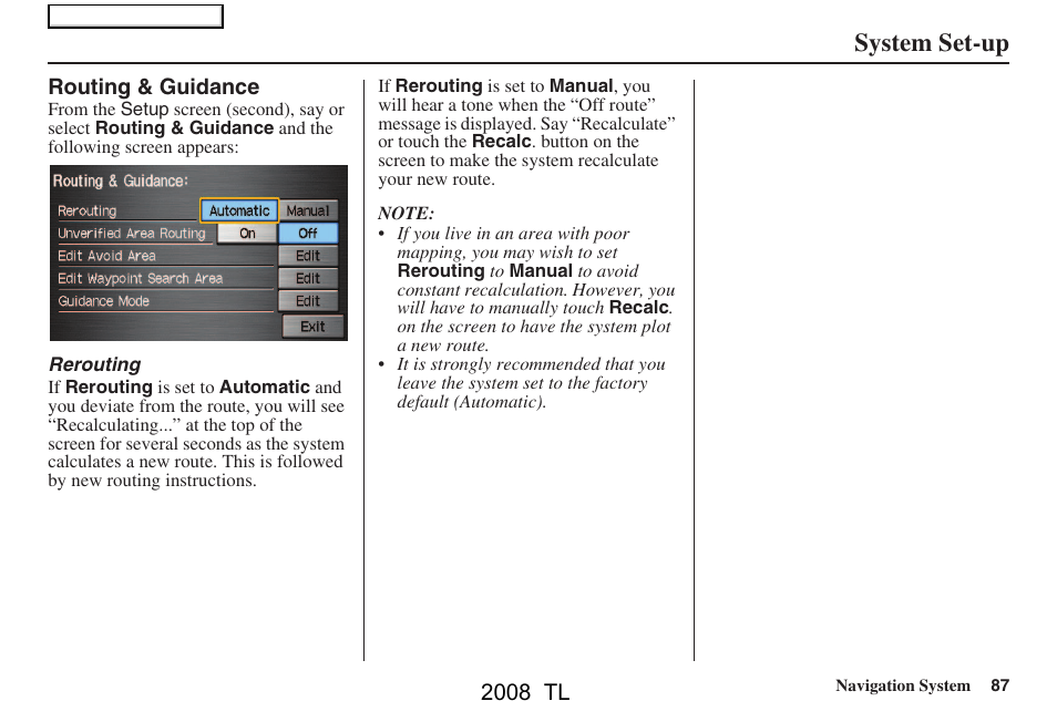 System set-up | Acura 2008 TL User Manual | Page 87 / 152