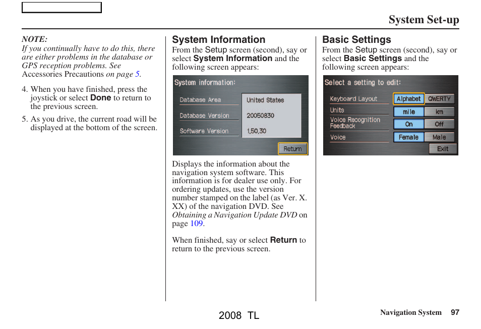 System set-up | Acura 2008 TL User Manual | Page 97 / 152
