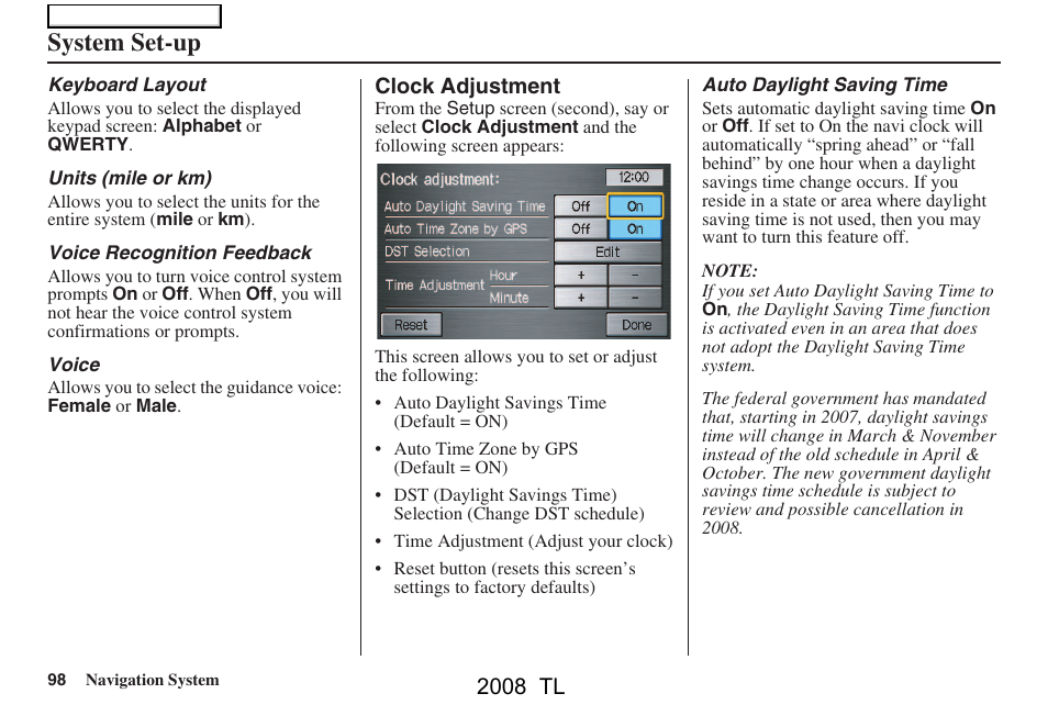 System set-up, 2008 tl | Acura 2008 TL User Manual | Page 98 / 152