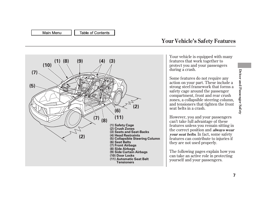 Your vehicle’s safety features | Acura 2010 TSX User Manual | Page 10 / 524
