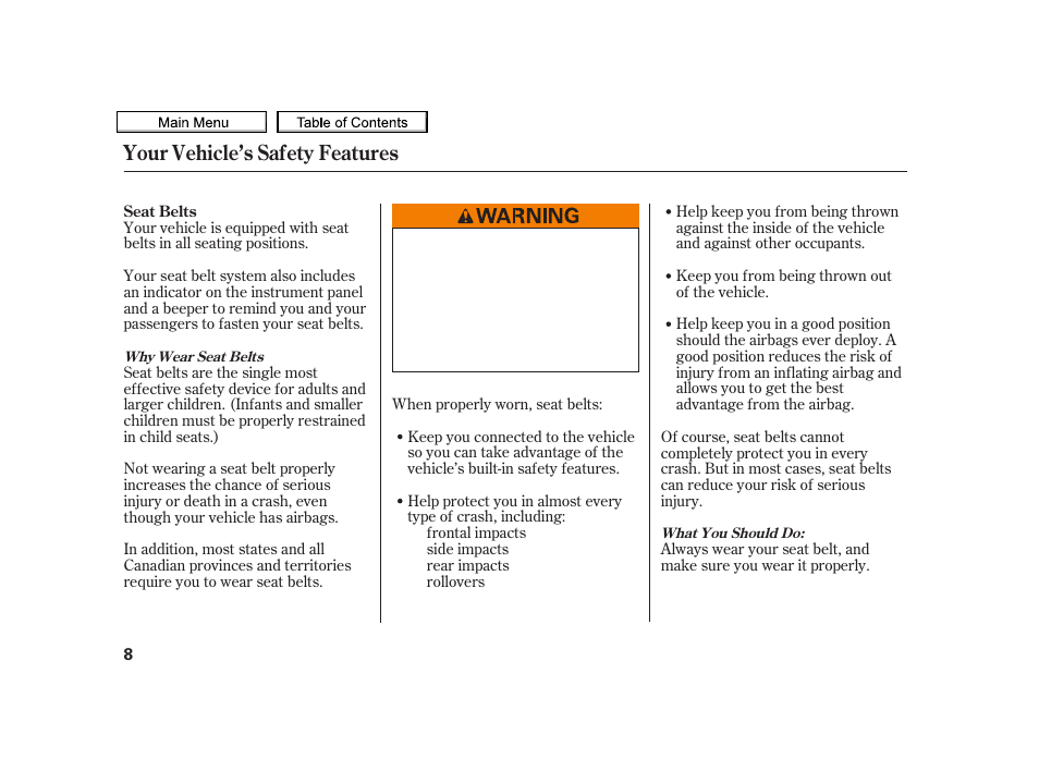 Your vehicle’s safety features | Acura 2010 TSX User Manual | Page 11 / 524
