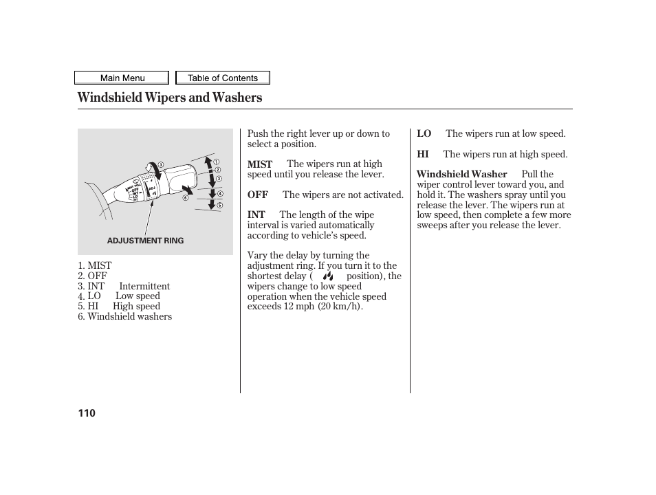 Windshield wipers and washers | Acura 2010 TSX User Manual | Page 113 / 524