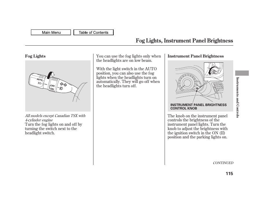 Fog lights, instrument panel brightness, 2010 tsx | Acura 2010 TSX User Manual | Page 118 / 524