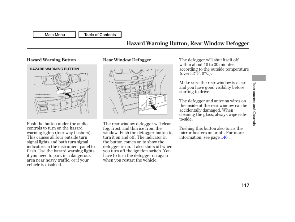 Hazard warning button, rear window defogger, 2010 tsx | Acura 2010 TSX User Manual | Page 120 / 524