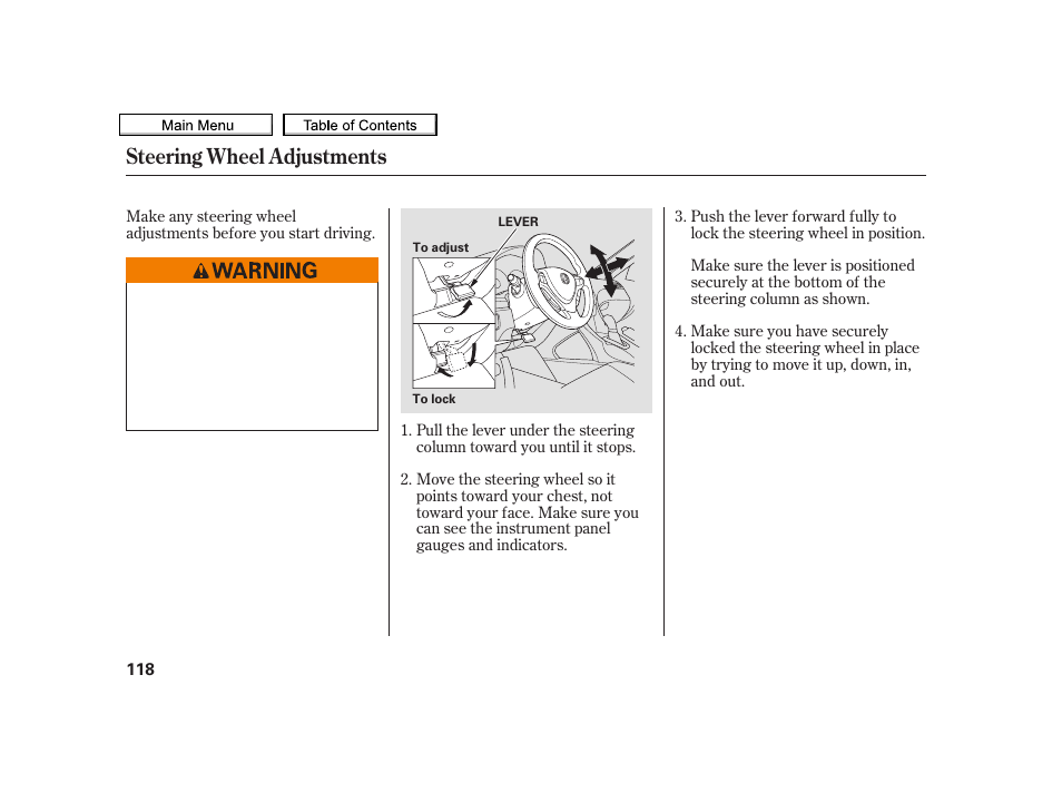 Steering wheel adjustments | Acura 2010 TSX User Manual | Page 121 / 524