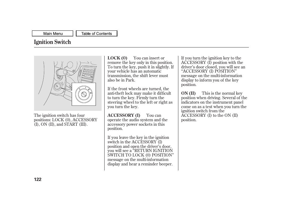 Ignition switch | Acura 2010 TSX User Manual | Page 125 / 524