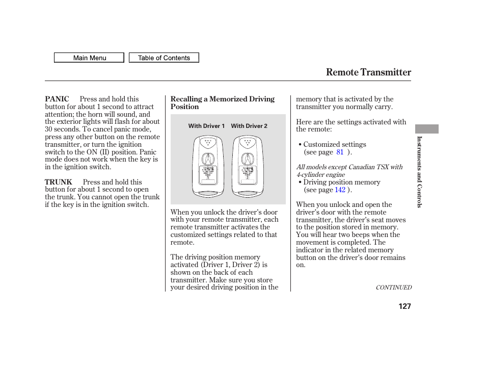 Remote transmitter, 2010 tsx | Acura 2010 TSX User Manual | Page 130 / 524