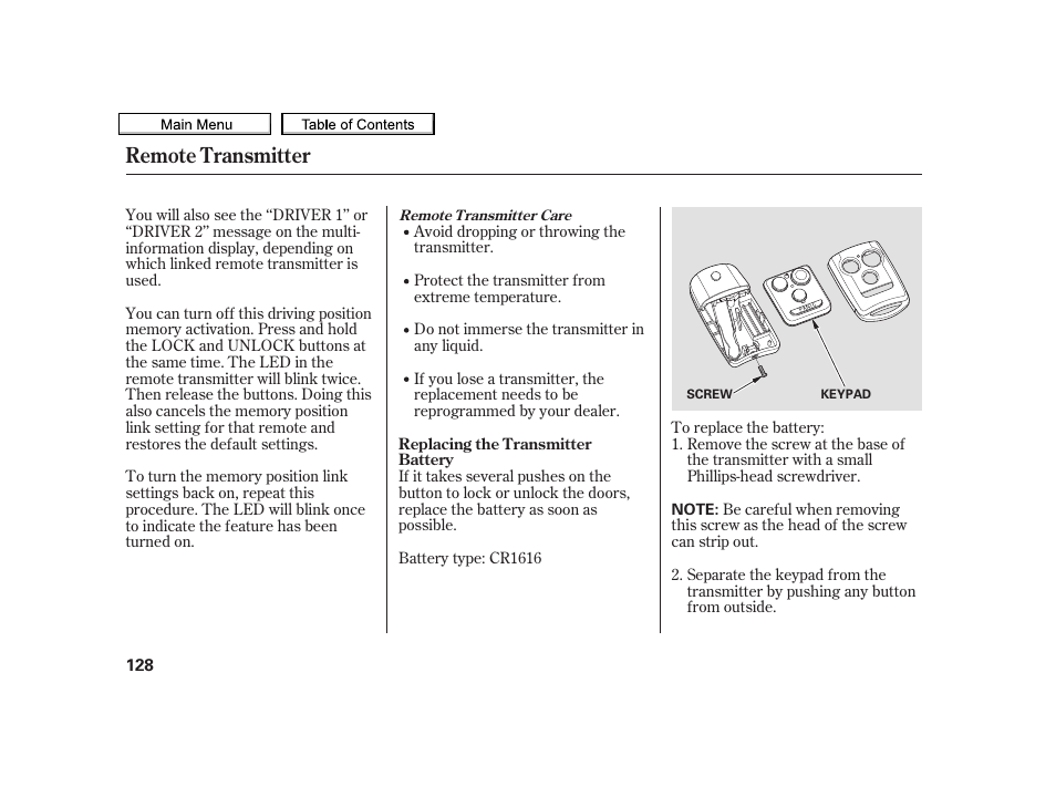 Remote transmitter | Acura 2010 TSX User Manual | Page 131 / 524