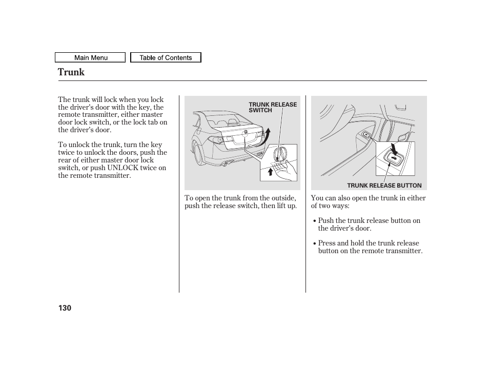 Trunk | Acura 2010 TSX User Manual | Page 133 / 524