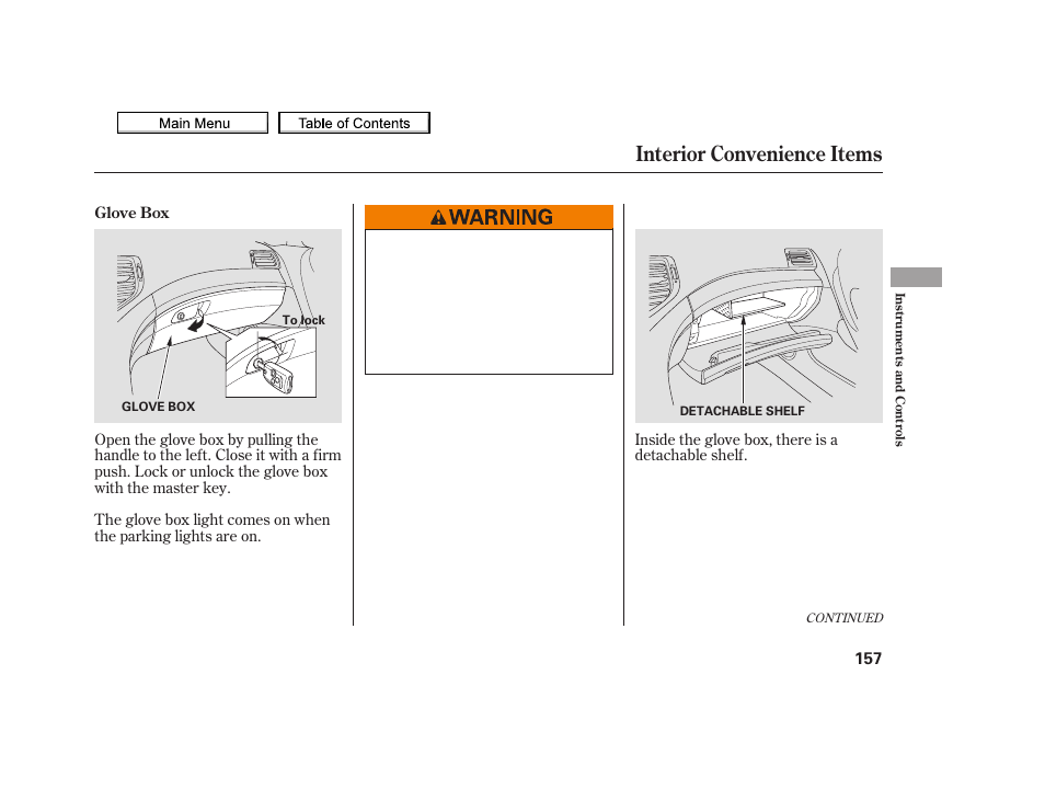 Glove box, Interior convenience items, 2010 tsx | Acura 2010 TSX User Manual | Page 160 / 524