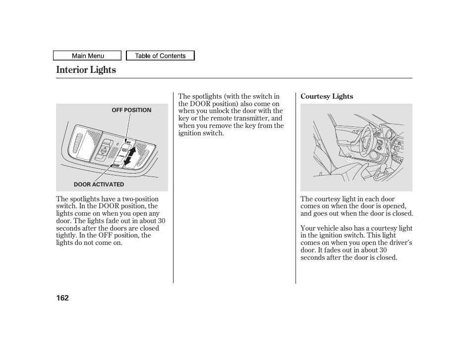 Interior lights | Acura 2010 TSX User Manual | Page 165 / 524