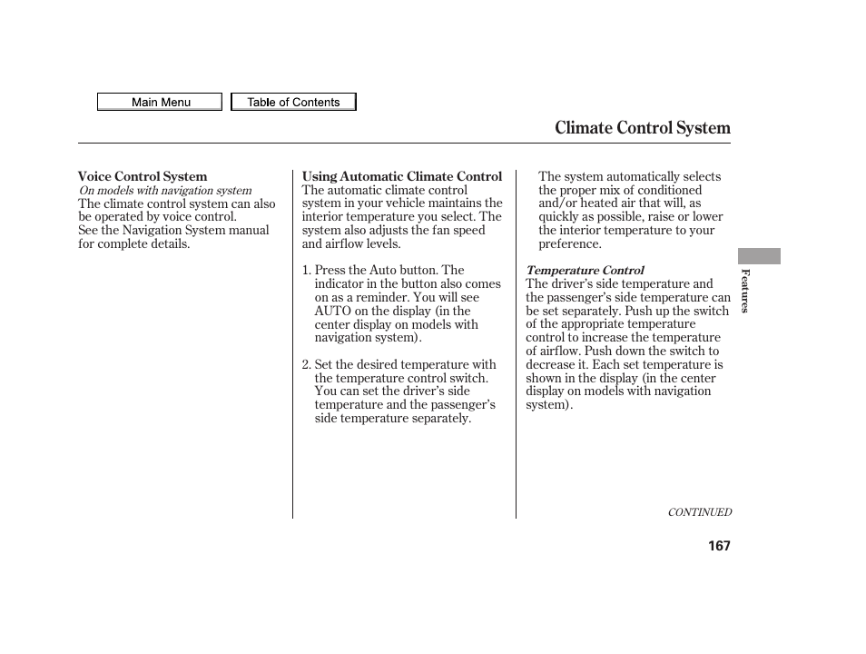 Driver’s side temperature, Passenger’s side temperature, Auto button | Driver’s side temperature control switch, Passenger’s side temperature control switch, Climate control system | Acura 2010 TSX User Manual | Page 170 / 524