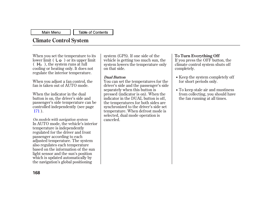 Dual button, Off button, Climate control system | Acura 2010 TSX User Manual | Page 171 / 524