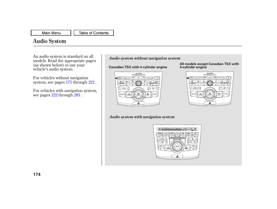 Audio system | Acura 2010 TSX User Manual | Page 177 / 524