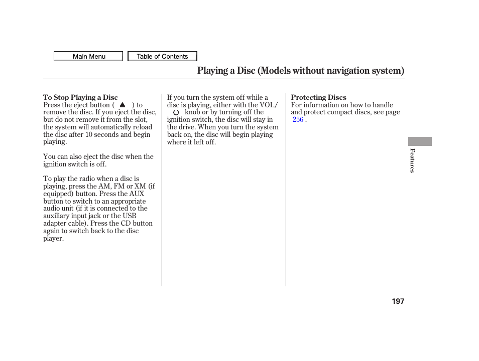 Playing a disc (models without navigation system) | Acura 2010 TSX User Manual | Page 200 / 524