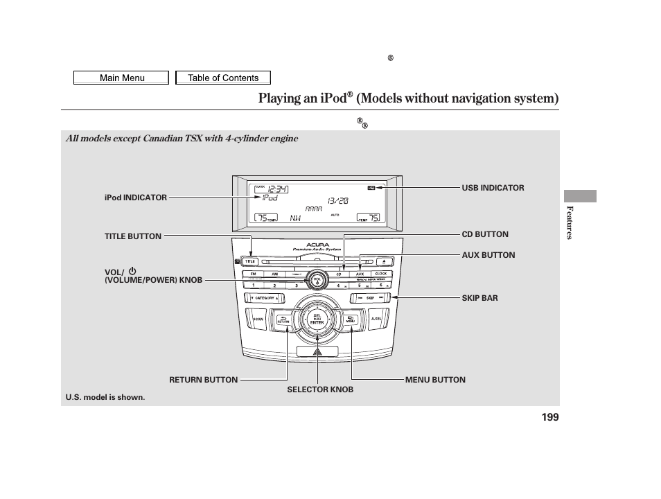 Playing an ipod (models without navigation system), 2010 tsx | Acura 2010 TSX User Manual | Page 202 / 524