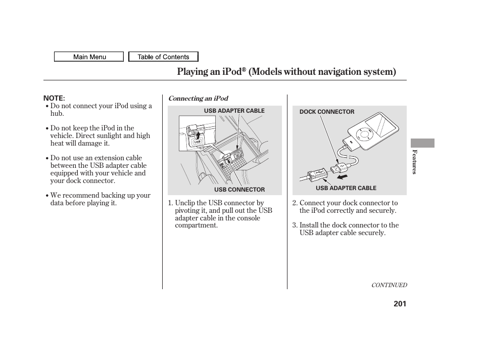 Usb adapter cable, Playing an ipod (models without navigation system), 2010 tsx | Acura 2010 TSX User Manual | Page 204 / 524