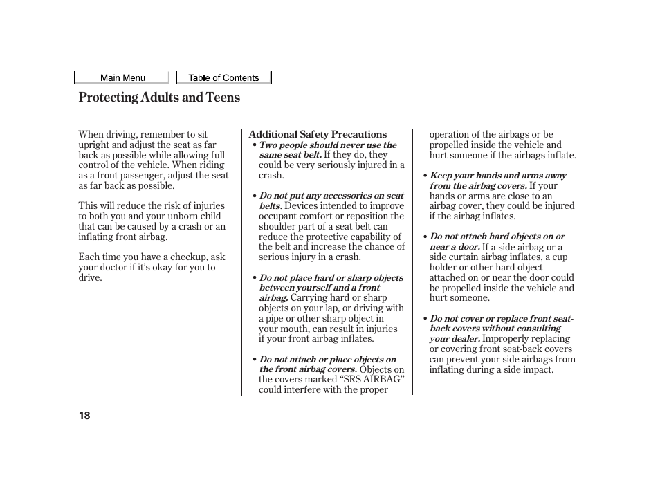 Protecting adults and teens | Acura 2010 TSX User Manual | Page 21 / 524