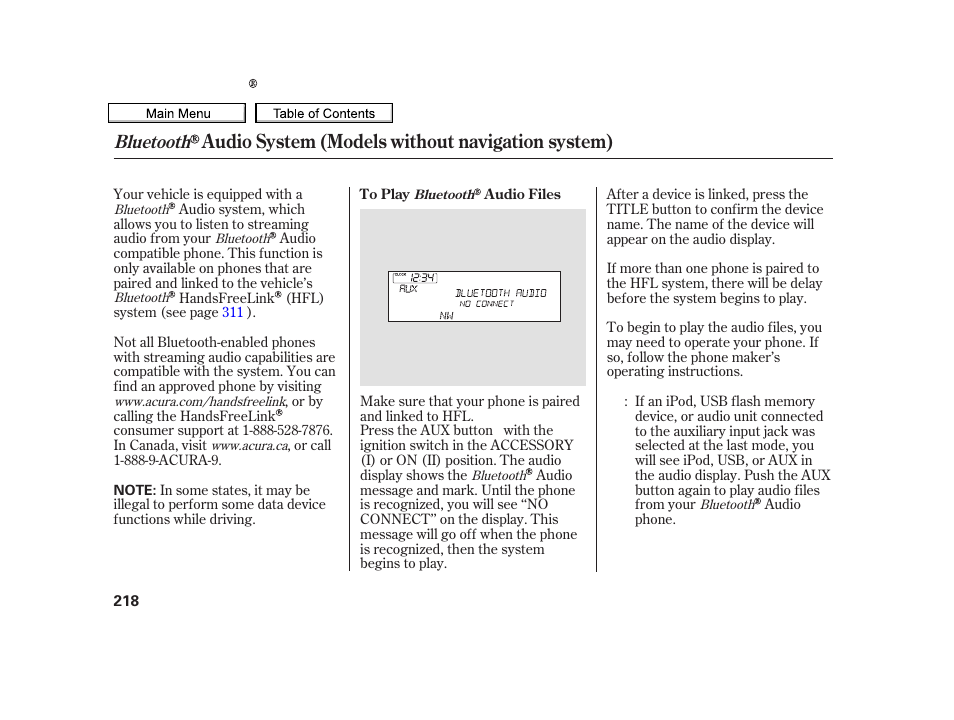 Audio system (models without navigation system), Bluetooth | Acura 2010 TSX User Manual | Page 221 / 524