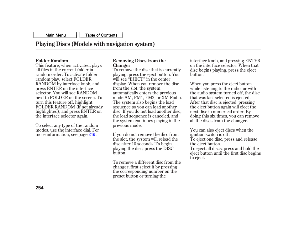 Playing discs (models with navigation system) | Acura 2010 TSX User Manual | Page 257 / 524