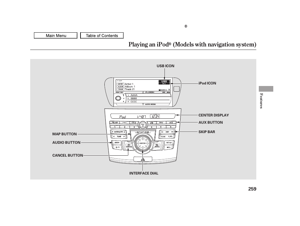 Playing an ipod (models with navigation system), 2010 tsx | Acura 2010 TSX User Manual | Page 262 / 524