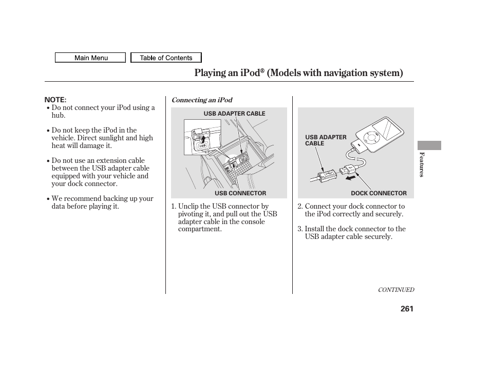 Playing an ipod (models with navigation system), 2010 tsx | Acura 2010 TSX User Manual | Page 264 / 524