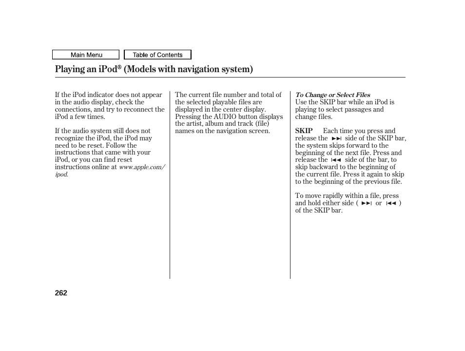 Playing an ipod (models with navigation system) | Acura 2010 TSX User Manual | Page 265 / 524