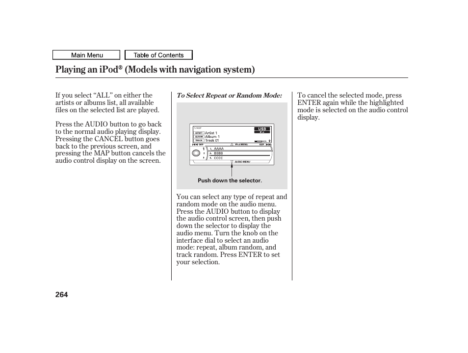 Playing an ipod (models with navigation system) | Acura 2010 TSX User Manual | Page 267 / 524