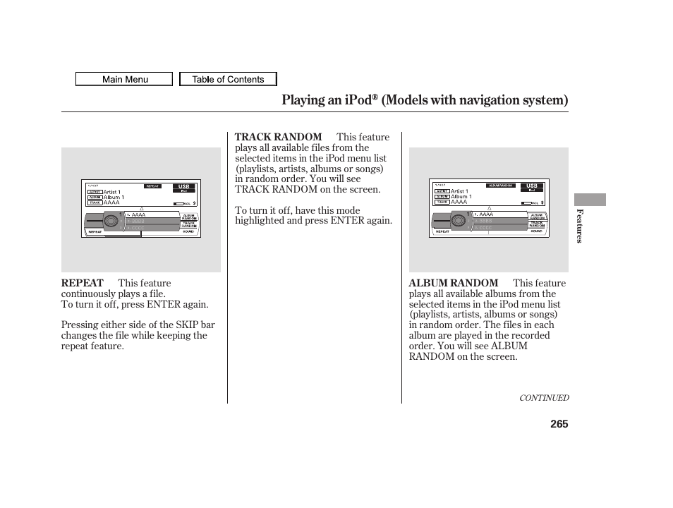 Playing an ipod (models with navigation system) | Acura 2010 TSX User Manual | Page 268 / 524