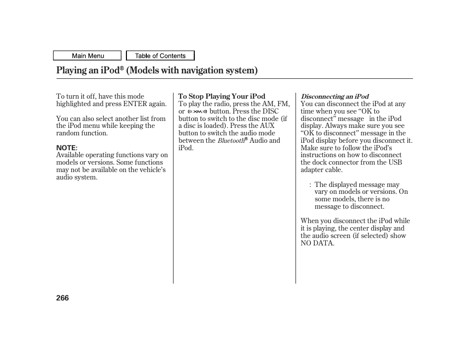Playing an ipod (models with navigation system) | Acura 2010 TSX User Manual | Page 269 / 524