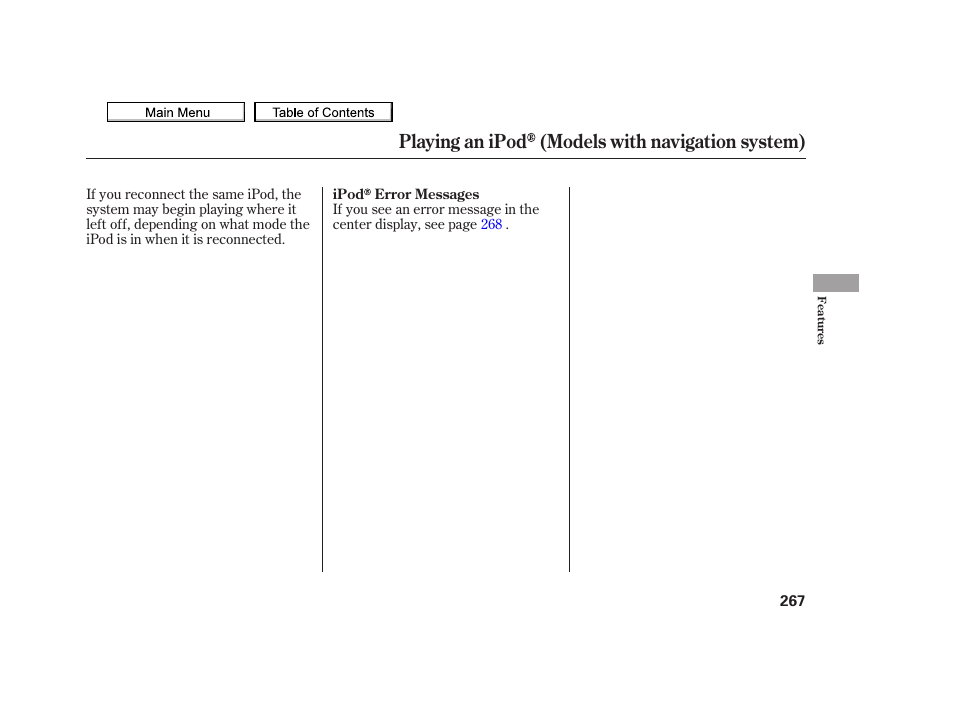 Playing an ipod (models with navigation system) | Acura 2010 TSX User Manual | Page 270 / 524