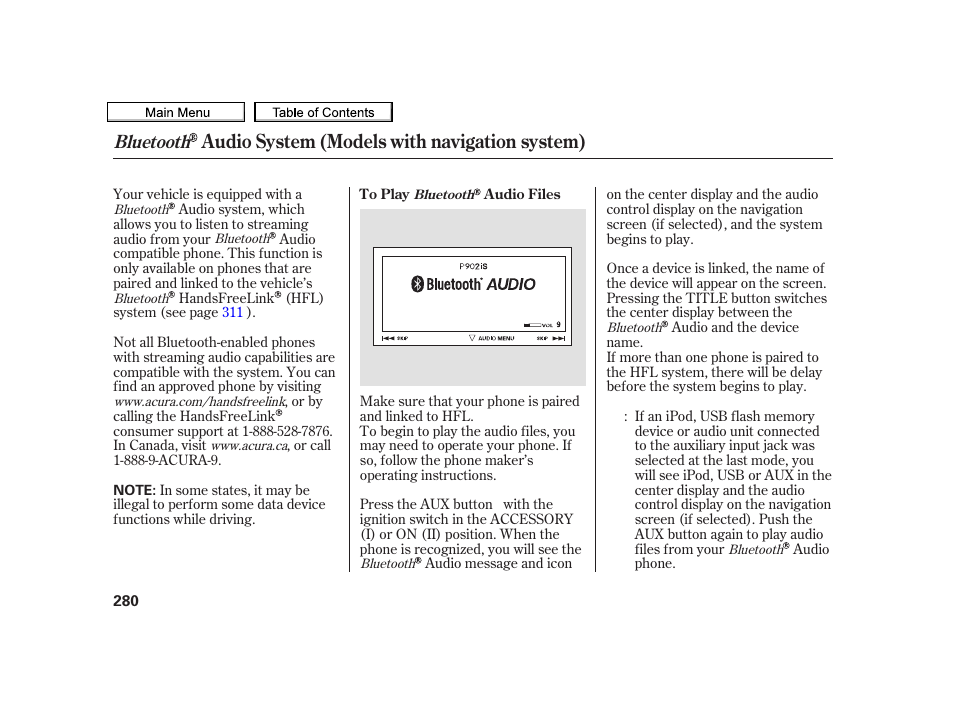 Audio system (models with navigation system), Bluetooth | Acura 2010 TSX User Manual | Page 283 / 524