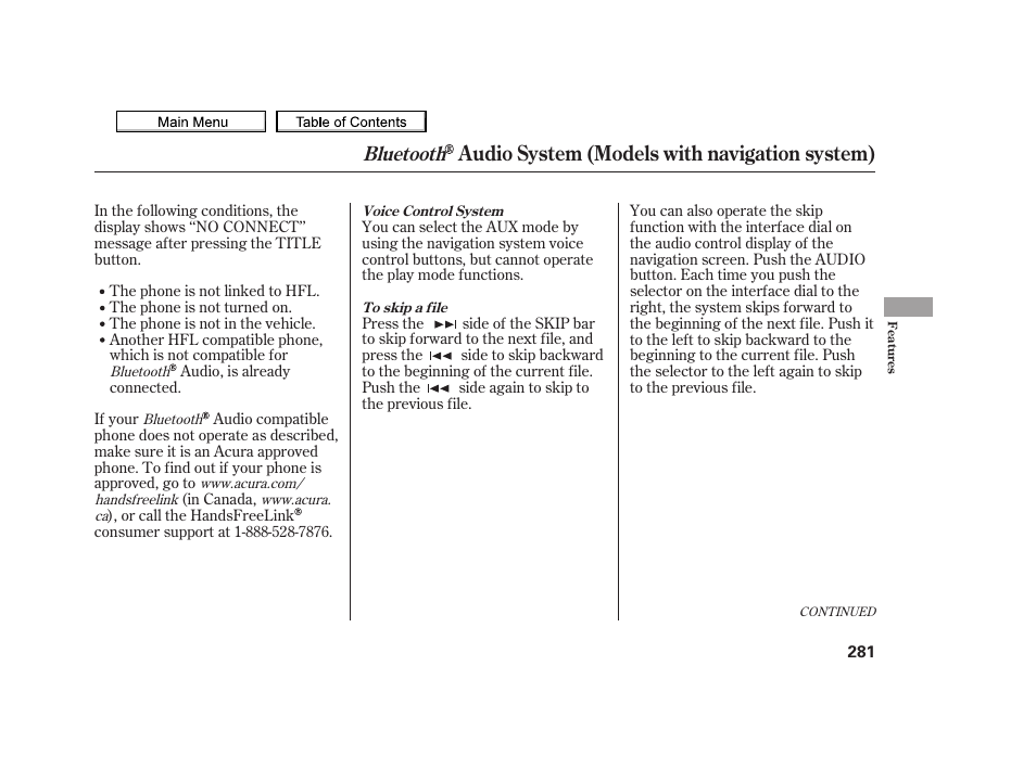 Audio system (models with navigation system), Bluetooth | Acura 2010 TSX User Manual | Page 284 / 524