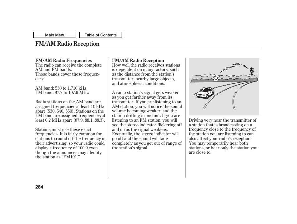 Fm/am radio reception | Acura 2010 TSX User Manual | Page 287 / 524