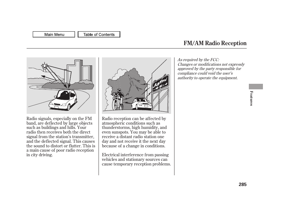 Fm/am radio reception | Acura 2010 TSX User Manual | Page 288 / 524