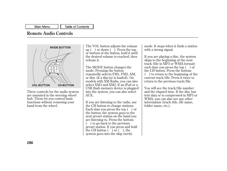 Remote audio controls | Acura 2010 TSX User Manual | Page 289 / 524