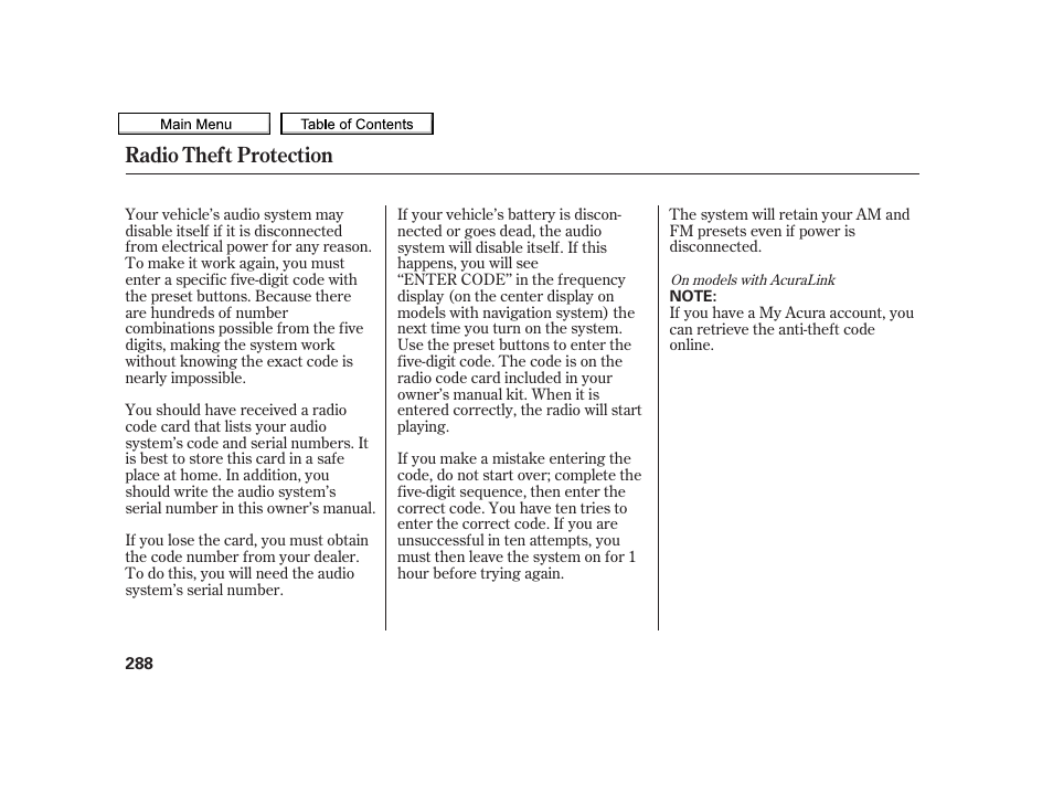 Radio theft protection | Acura 2010 TSX User Manual | Page 291 / 524