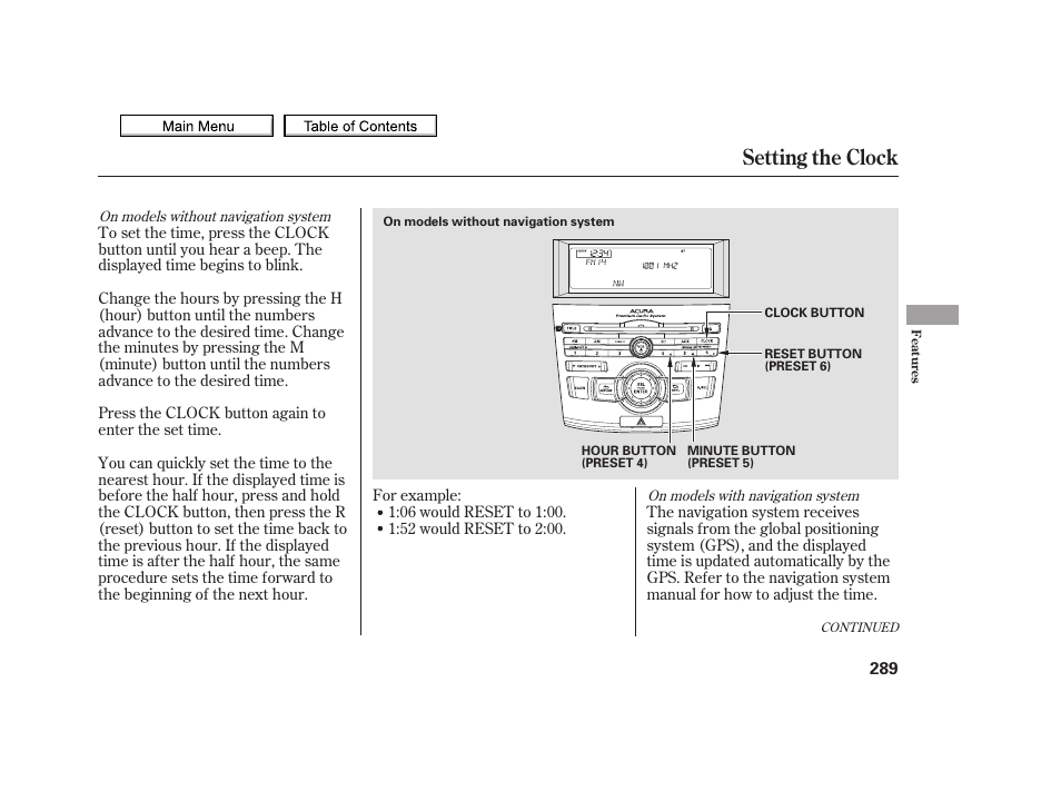 Setting the clock, 2010 tsx | Acura 2010 TSX User Manual | Page 292 / 524